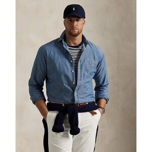 Ralph Lauren Indigo Chambray Button Down Shirt Pony Embroidery Mens Sz L Preppy